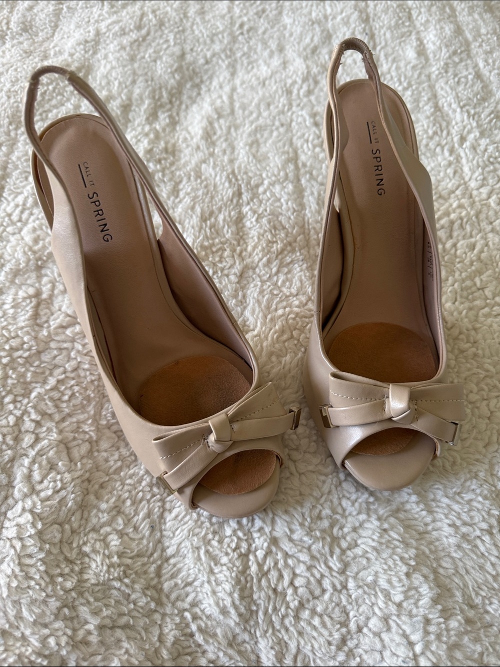 Call It Spring Beige Peep-Toe Slingback Heels with Bow